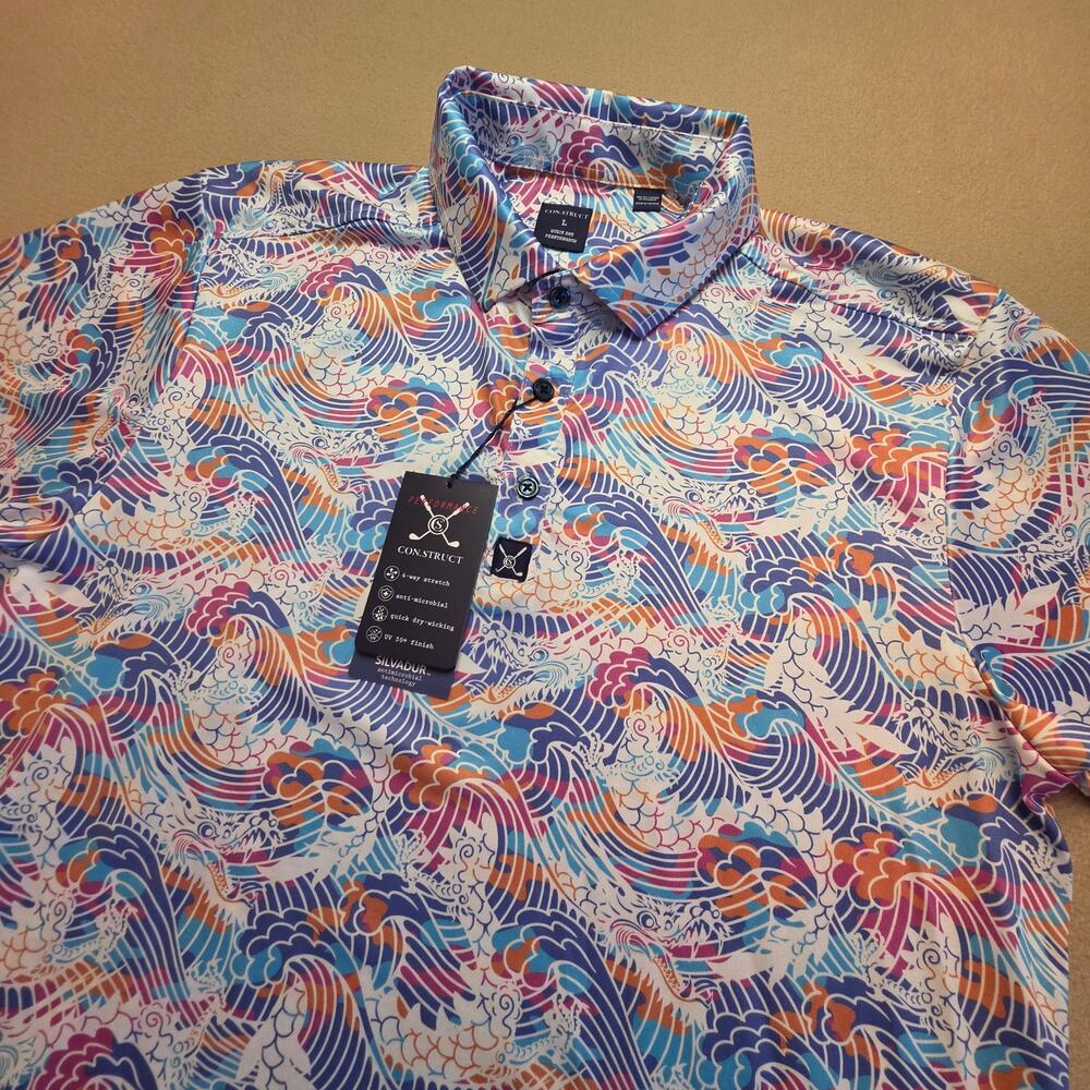 CON.STRUCT Performance Golf Polo Japanese Ocean Wave Dragon Print Sz Large NWT